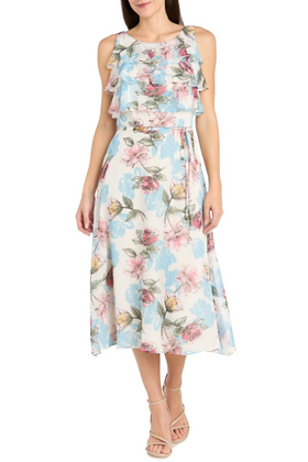 Ivory Denim Flower Print Midi Dress with Sleeveless, Floral Detail, and Ruffle Detail by R&M Richards 3462
