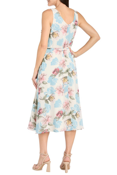 Ivory Denim Flower Print Midi Dress with Sleeveless, Floral Detail, and Ruffle Detail by R&M Richards 3462