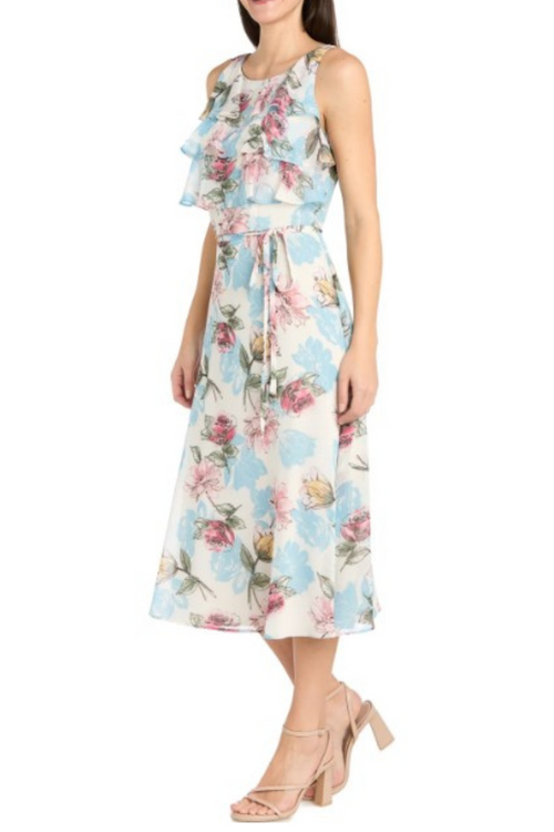 Ivory Denim Flower Print Midi Dress with Sleeveless, Floral Detail, and Ruffle Detail by R&M Richards 3462