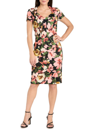 Black Multi Black Flower Print Sheath Dress with Cap Sleeve, V-Neck, and Floral Detail by R&M Richards 4015