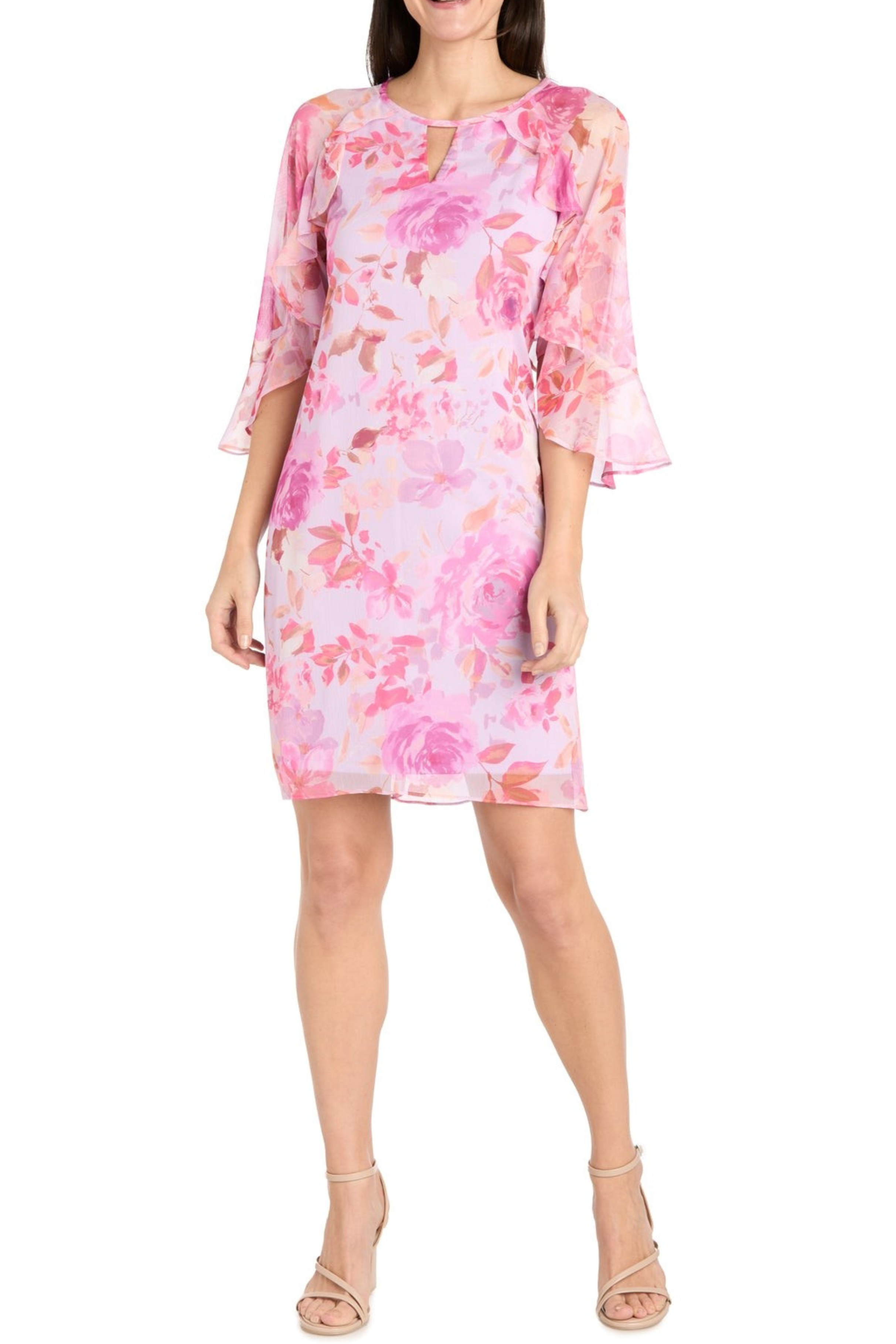 Lavender Rose Flower Print Dress with Round Neck, Floral Detail, and Ruffle Detail by R&M Richards 4071