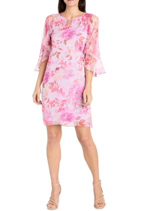 Lavender Rose Flower Print Dress with Round Neck, Floral Detail, and Ruffle Detail by R&M Richards 4071