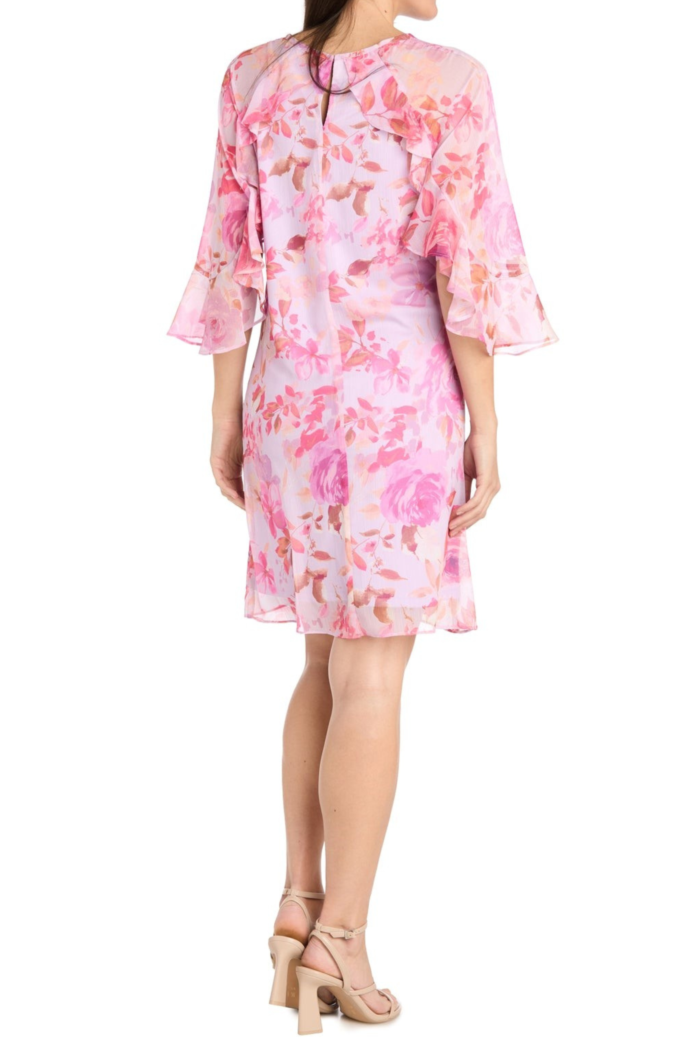 Lavender Rose Flower Print Dress with Round Neck, Floral Detail, and Ruffle Detail by R&M Richards 4071