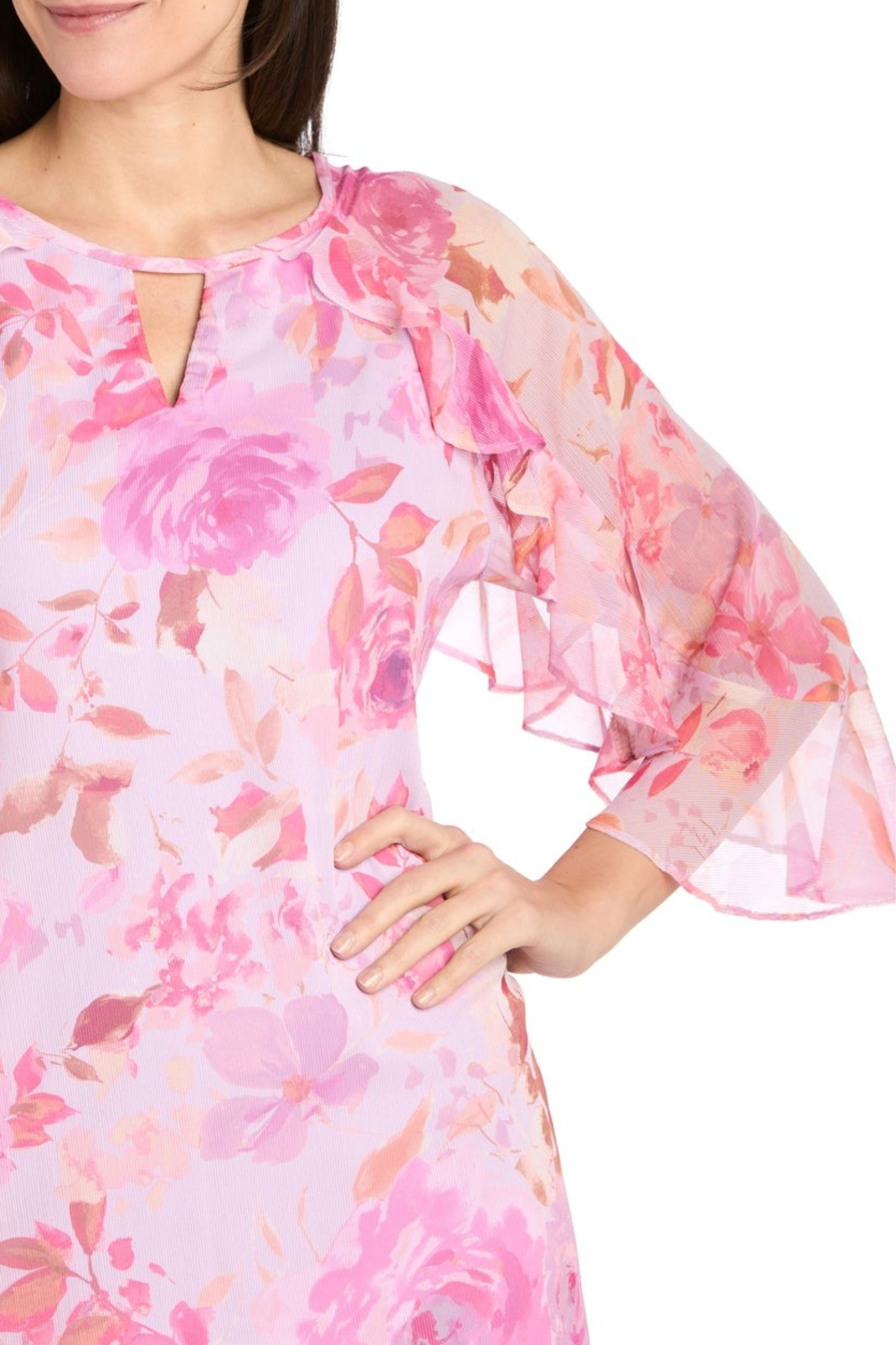 Lavender Rose Flower Print Dress with Round Neck, Floral Detail, and Ruffle Detail by R&M Richards 4071