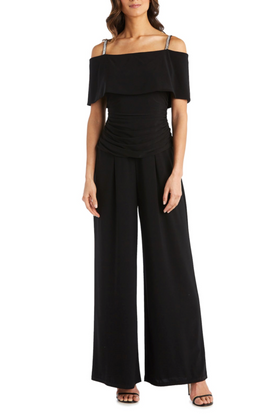 Black Off-the-Shoulder Wide Leg Jumpsuit with Off the Shoulder, Rhinestone Detail, and Wide Leg Pant by R&M Richards 5982
