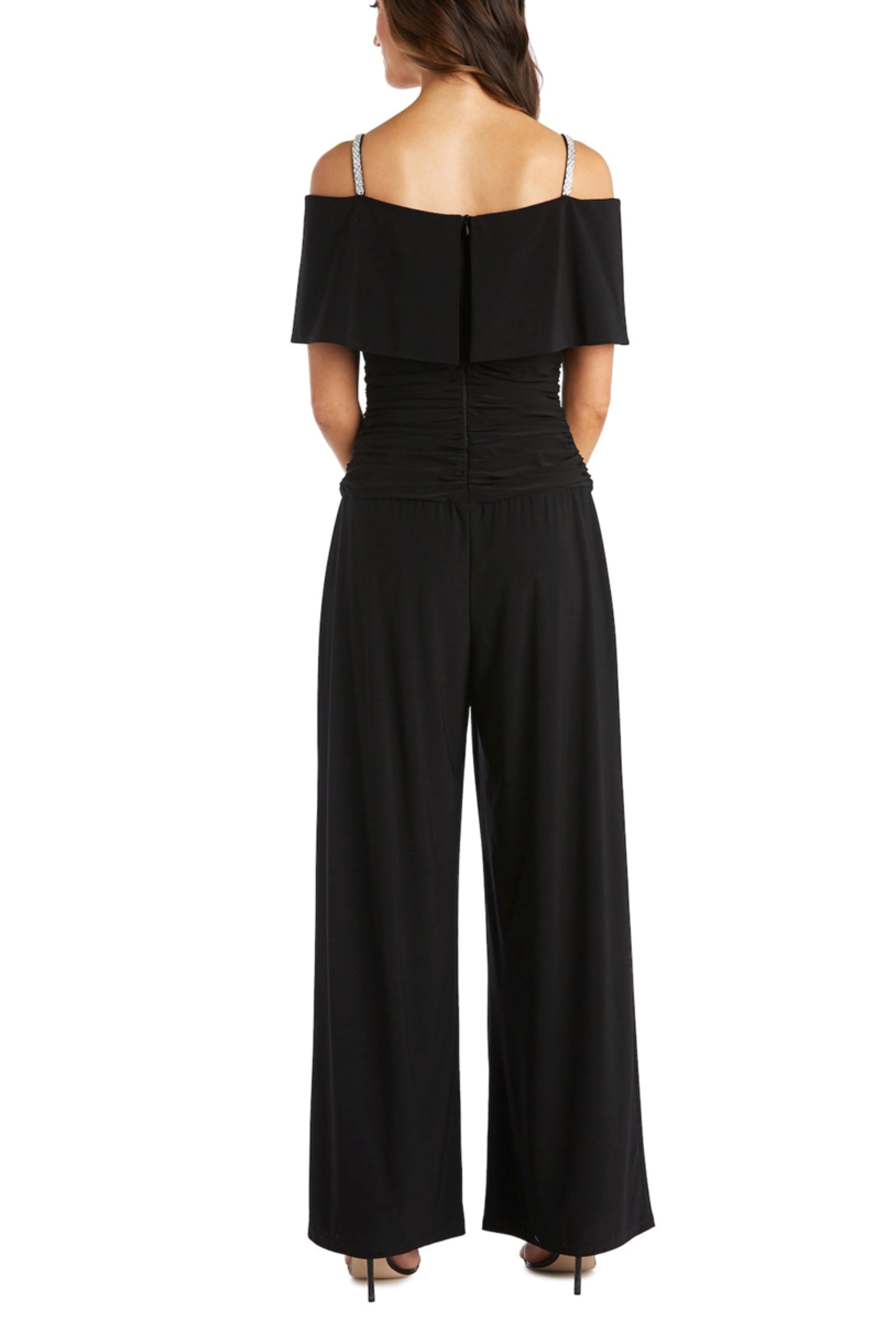 Black Off-the-Shoulder Wide Leg Jumpsuit with Off the Shoulder, Rhinestone Detail, and Wide Leg Pant by R&M Richards 5982