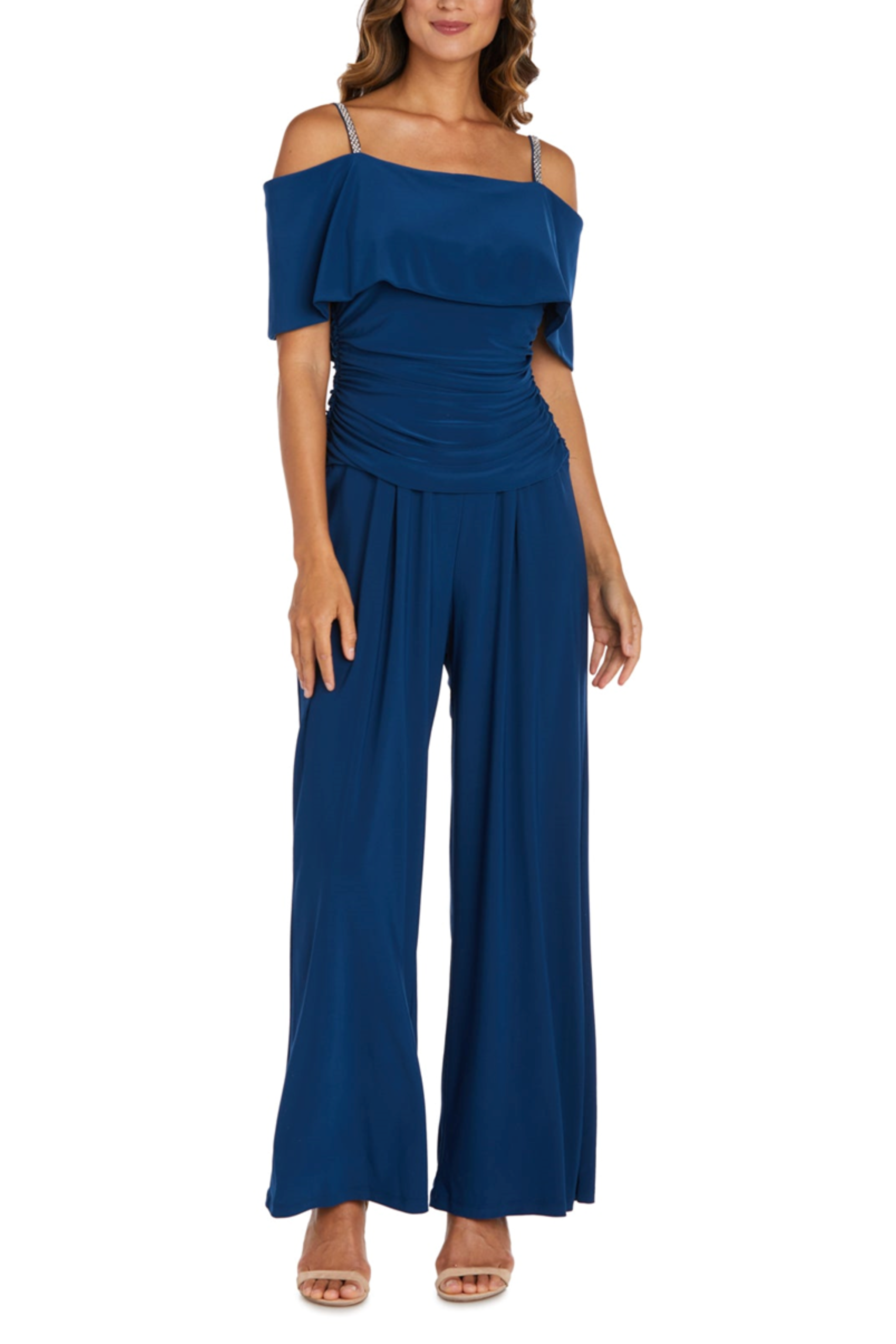 Peacock Off-the-Shoulder Wide Leg Jumpsuit with Off the Shoulder, Rhinestone Detail, and Wide Leg Pant by R&M Richards 5982