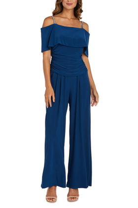 Peacock Off-the-Shoulder Wide Leg Jumpsuit with Off the Shoulder, Rhinestone Detail, and Wide Leg Pant by R&M Richards 5982