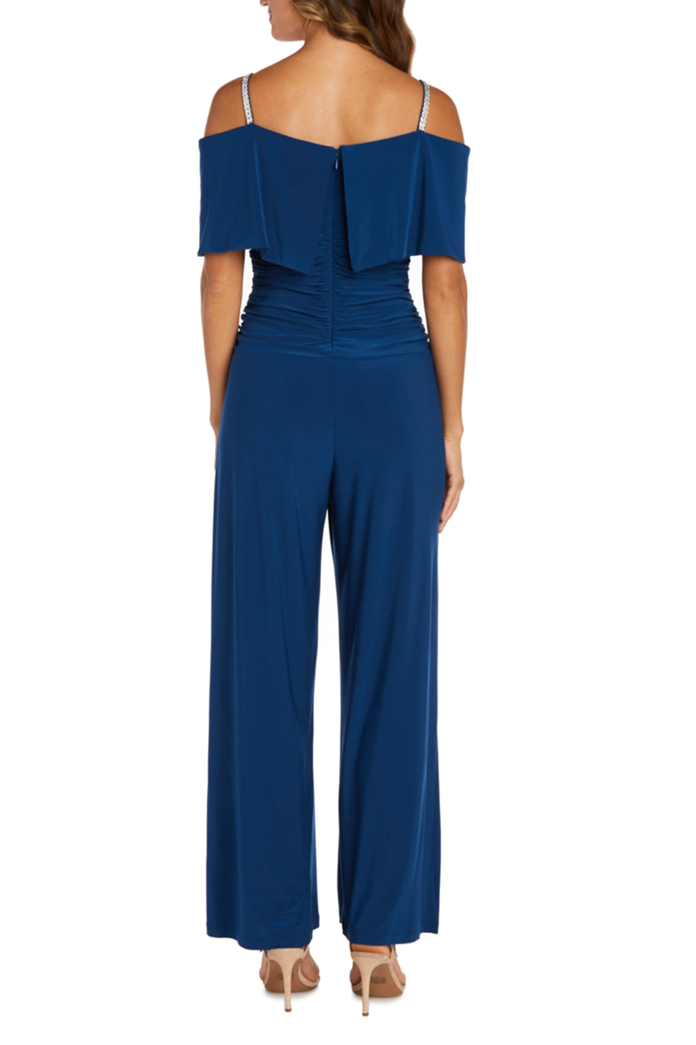 Peacock Off-the-Shoulder Wide Leg Jumpsuit with Off the Shoulder, Rhinestone Detail, and Wide Leg Pant by R&M Richards 5982