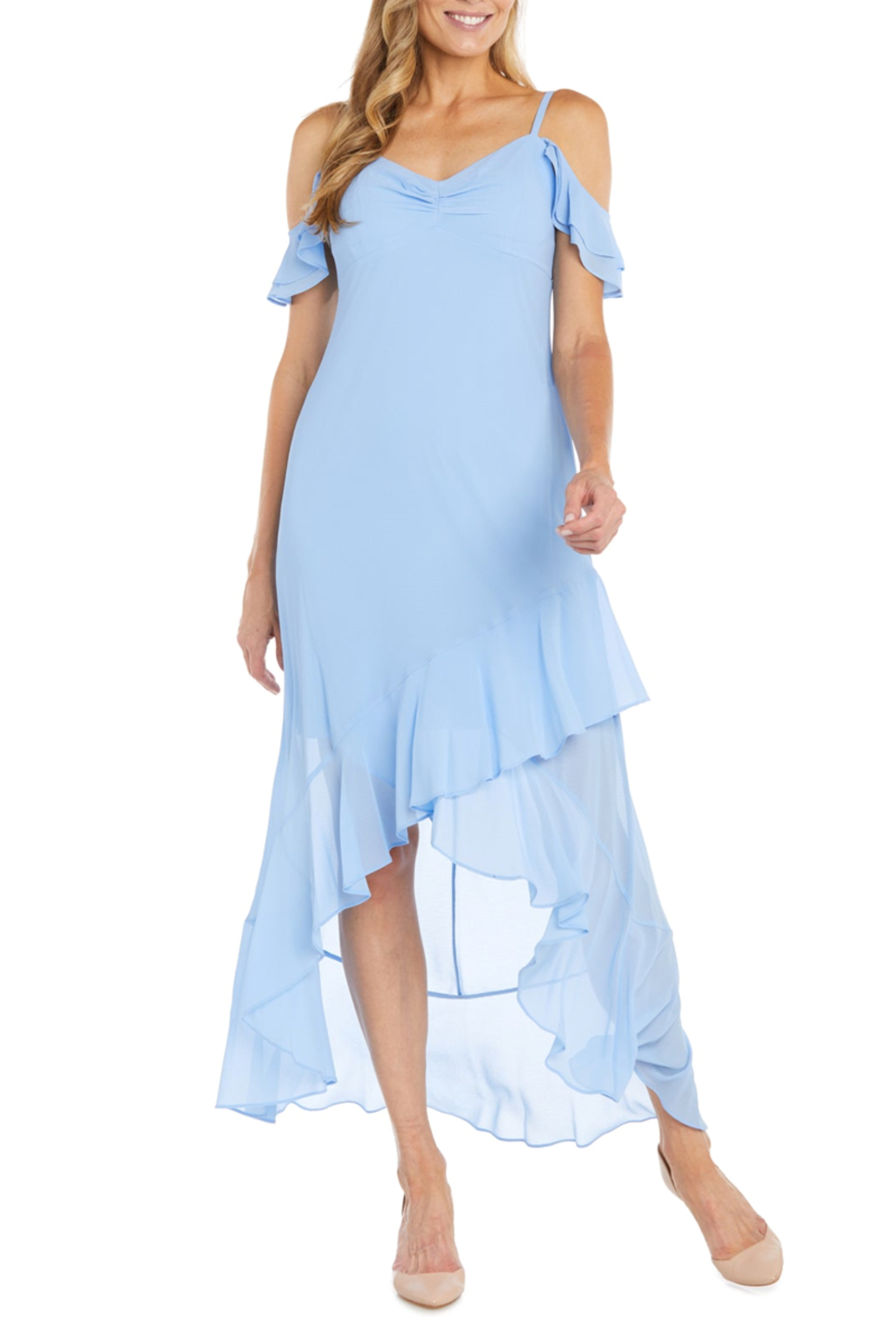 Peri Off-the-Shoulder Ruffle High-Low Dress with Flutter Sleeve, V-Neck, and Tiered Detail by R&M Richards 6188