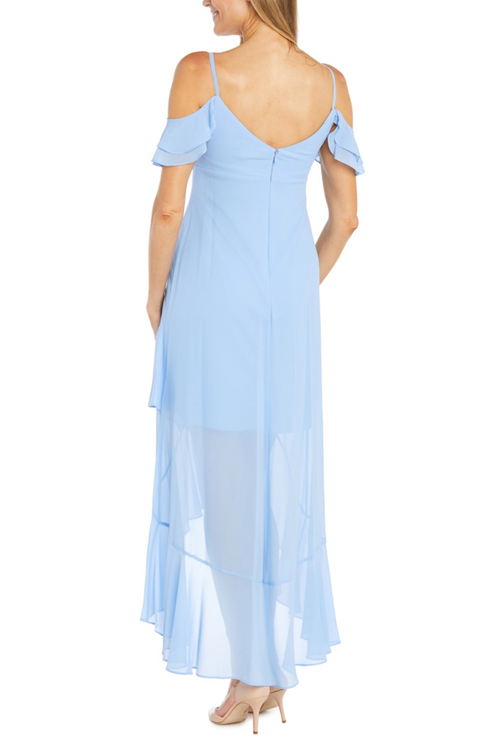 Peri Off-the-Shoulder Ruffle High-Low Dress with Flutter Sleeve, V-Neck, and Tiered Detail by R&M Richards 6188