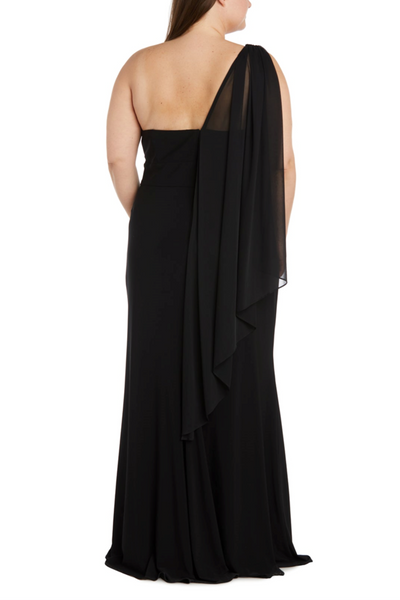 Black One Shoulder Evening Dress Plus Size with Rhinestone Detail, Ruched Detail, and Cape Detail by R&M Richards 6191W