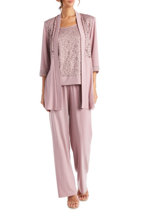 Mauve 2 Piece Lace Evening Pant Set with 3/4 Sleeve, Scoop Neck, and Sequin Detail by R&M Richards 7772