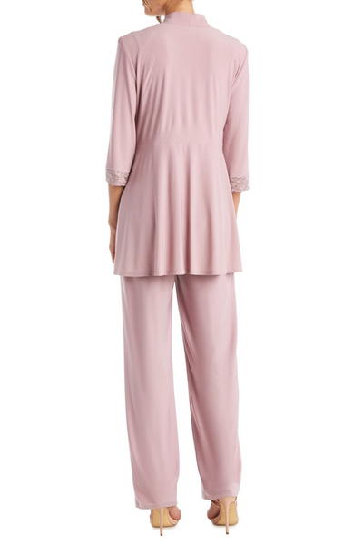 Mauve 2 Piece Lace Evening Pant Set with 3/4 Sleeve, Scoop Neck, and Sequin Detail by R&M Richards 7772