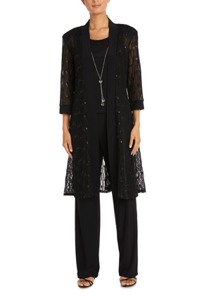 Black Sequin Lace Duster 3-Piece Pants Suit with 3/4 Sleeve, Scoop Neck, and Straight Leg Pant by R&M Richards 7914