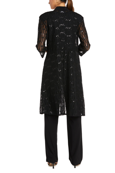Black Sequin Lace Duster 3-Piece Pants Suit with 3/4 Sleeve, Scoop Neck, and Straight Leg Pant by R&M Richards 7914