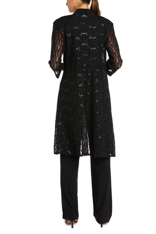 Black Sequin Lace Duster 3-Piece Pants Suit with 3/4 Sleeve, Scoop Neck, and Straight Leg Pant by R&M Richards 7914