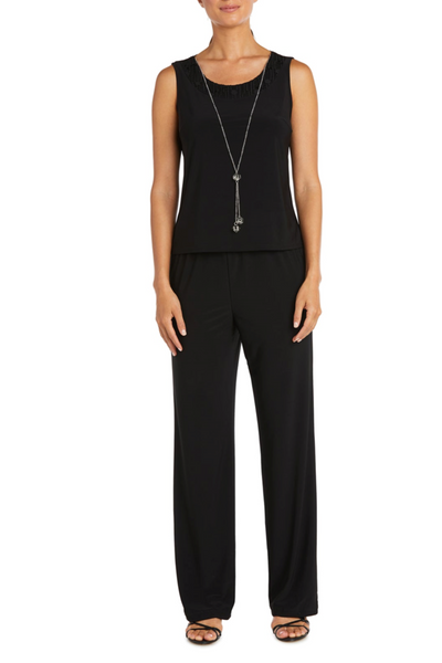 Black Sequin Lace Duster 3-Piece Pants Suit with 3/4 Sleeve, Scoop Neck, and Straight Leg Pant by R&M Richards 7914