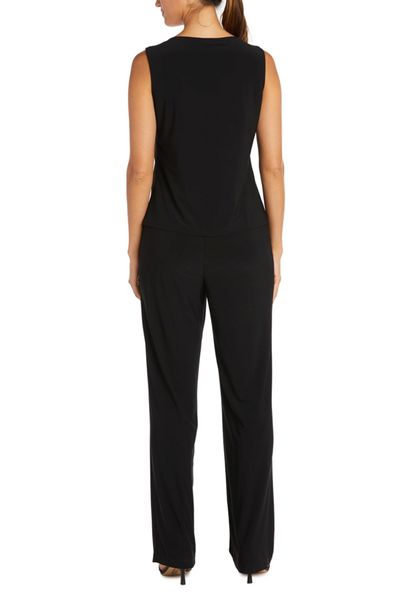 Black Sequin Lace Duster 3-Piece Pants Suit with 3/4 Sleeve, Scoop Neck, and Straight Leg Pant by R&M Richards 7914