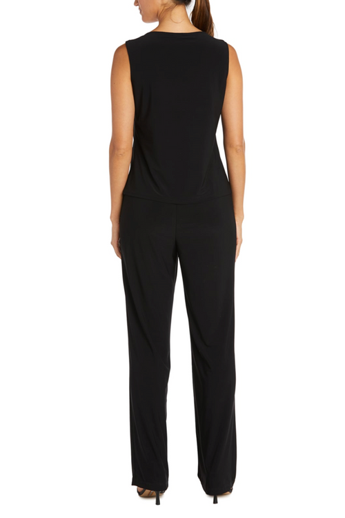 Black Sequin Lace Duster 3-Piece Pants Suit with 3/4 Sleeve, Scoop Neck, and Straight Leg Pant by R&M Richards 7914