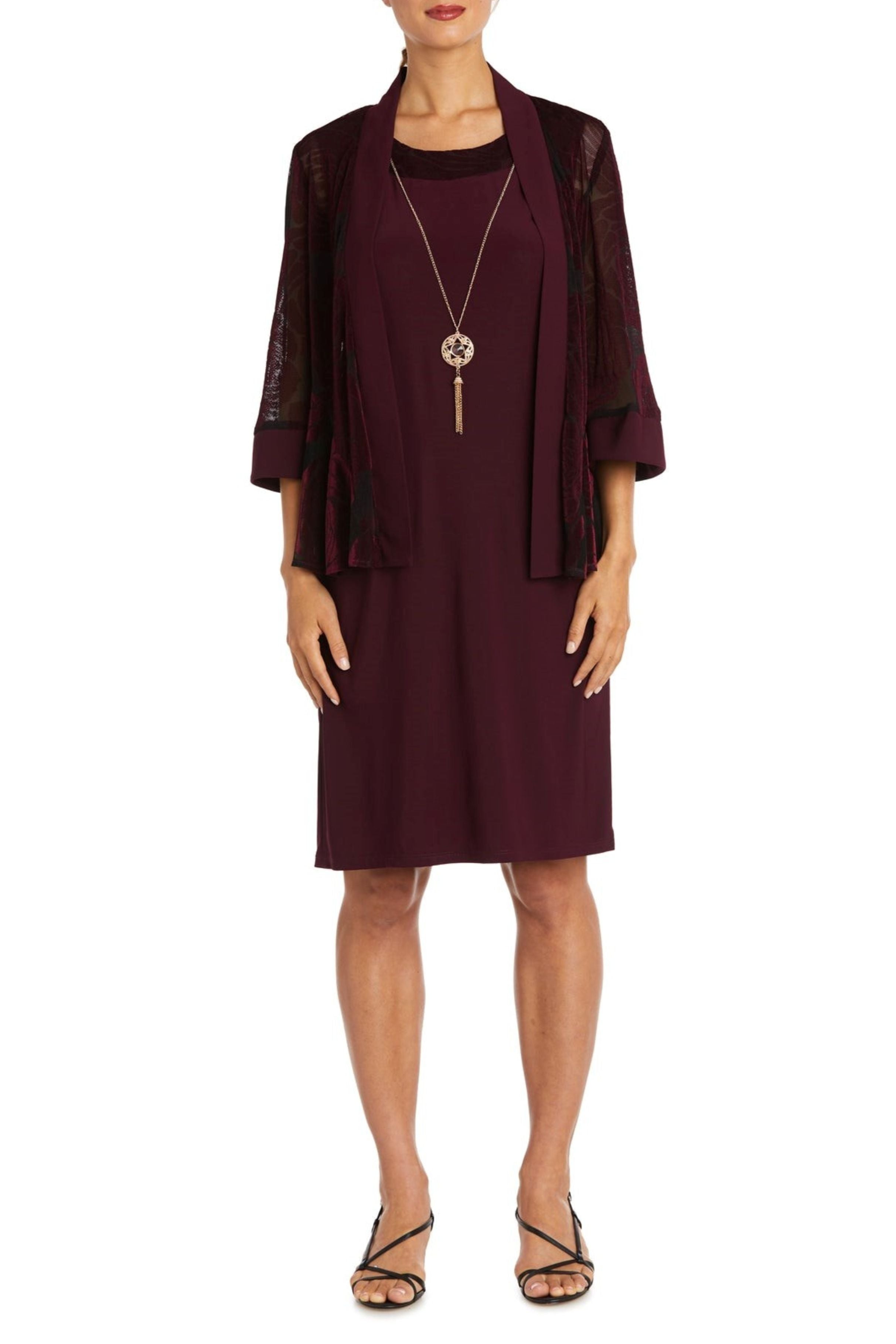 Burgundy Black Velvet Burn Out 2-Piece Jacket Dress with Boat Neck and Removable Jewelry Detail by R&M Richards 7999