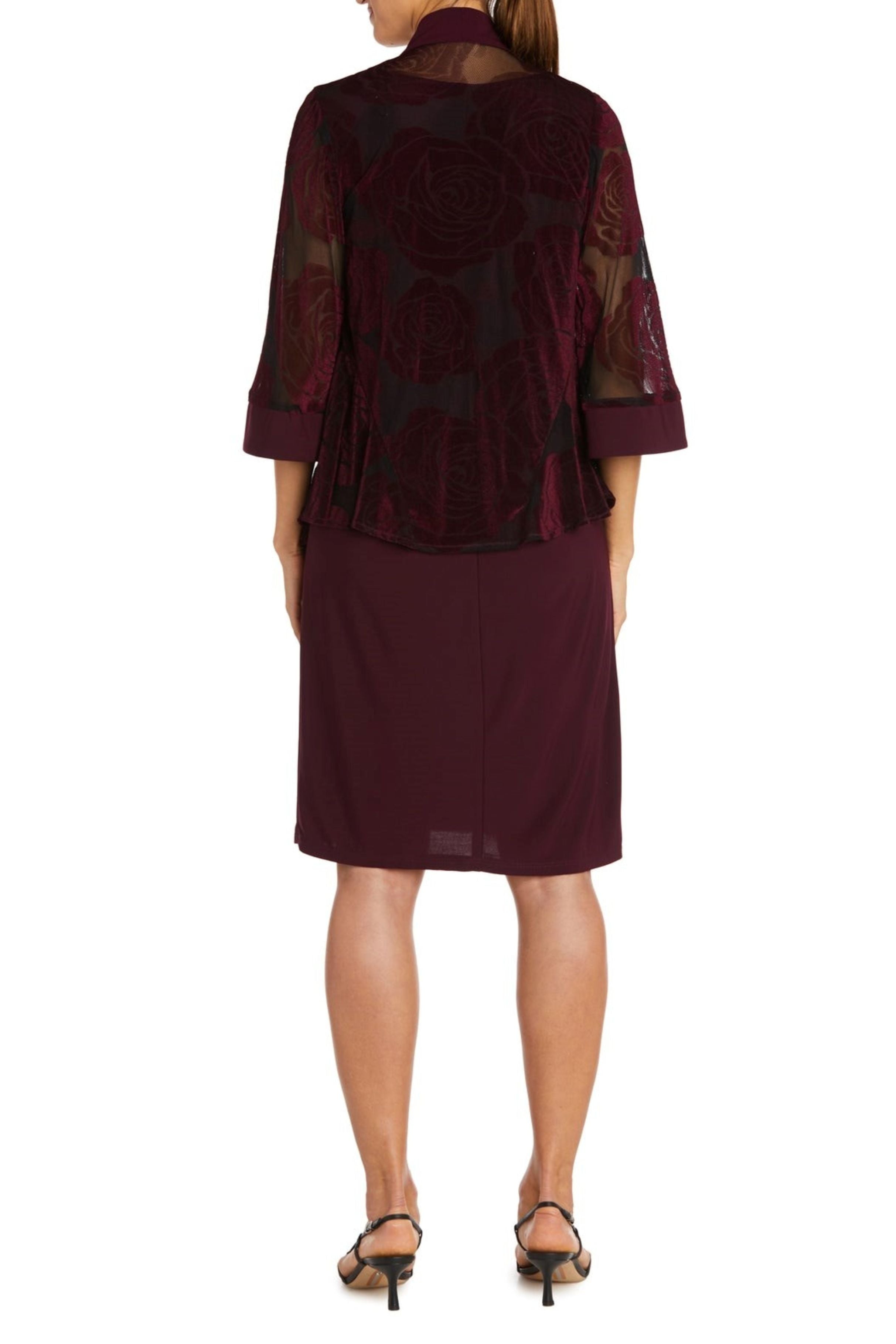 Burgundy Black Velvet Burn Out 2-Piece Jacket Dress with Boat Neck and Removable Jewelry Detail by R&M Richards 7999
