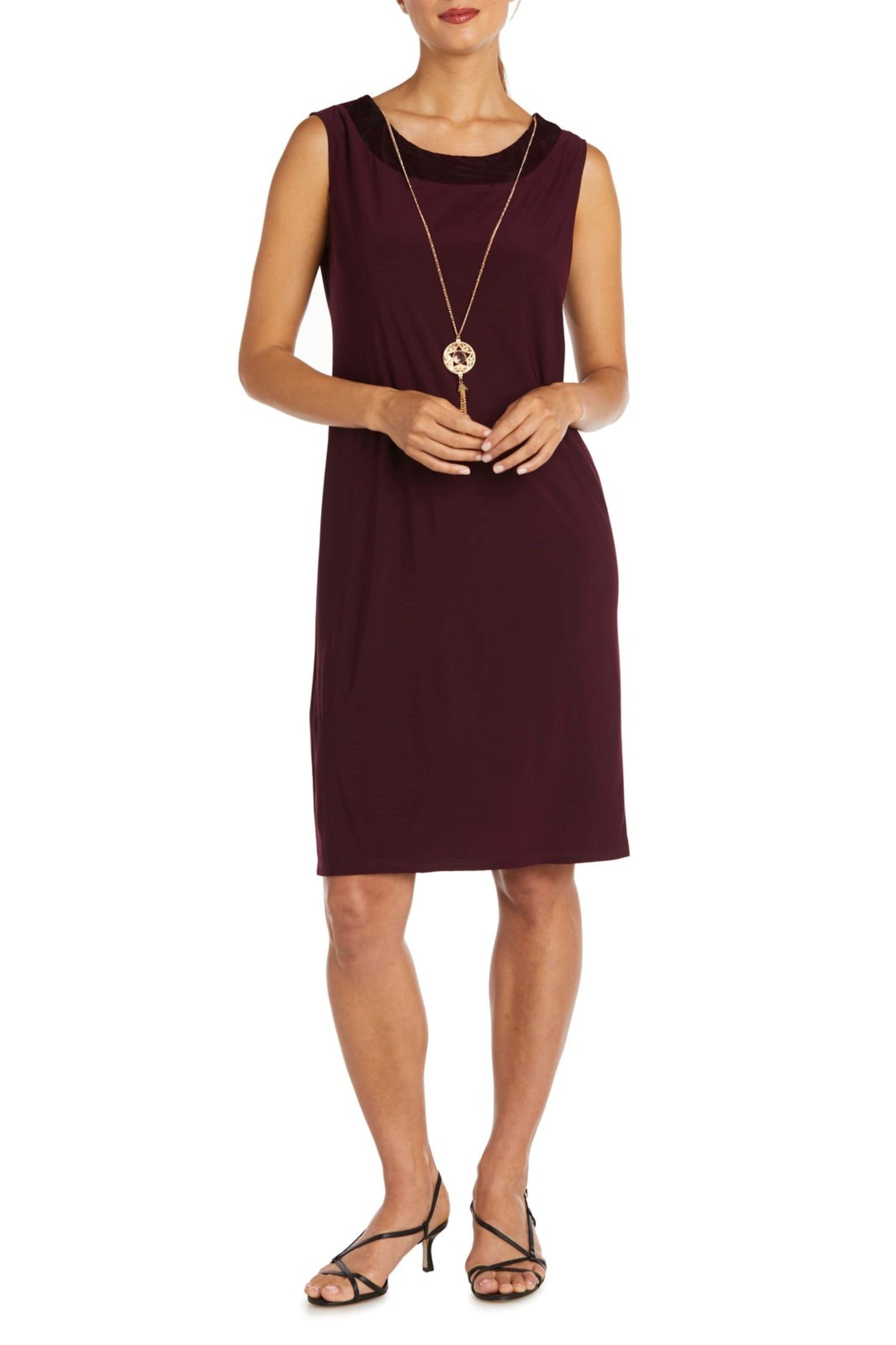 Burgundy Black Velvet Burn Out 2-Piece Jacket Dress with Boat Neck and Removable Jewelry Detail by R&M Richards 7999