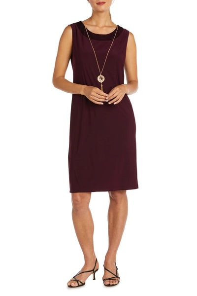 Burgundy Black Velvet Burn Out 2-Piece Jacket Dress with Boat Neck and Removable Jewelry Detail by R&M Richards 7999