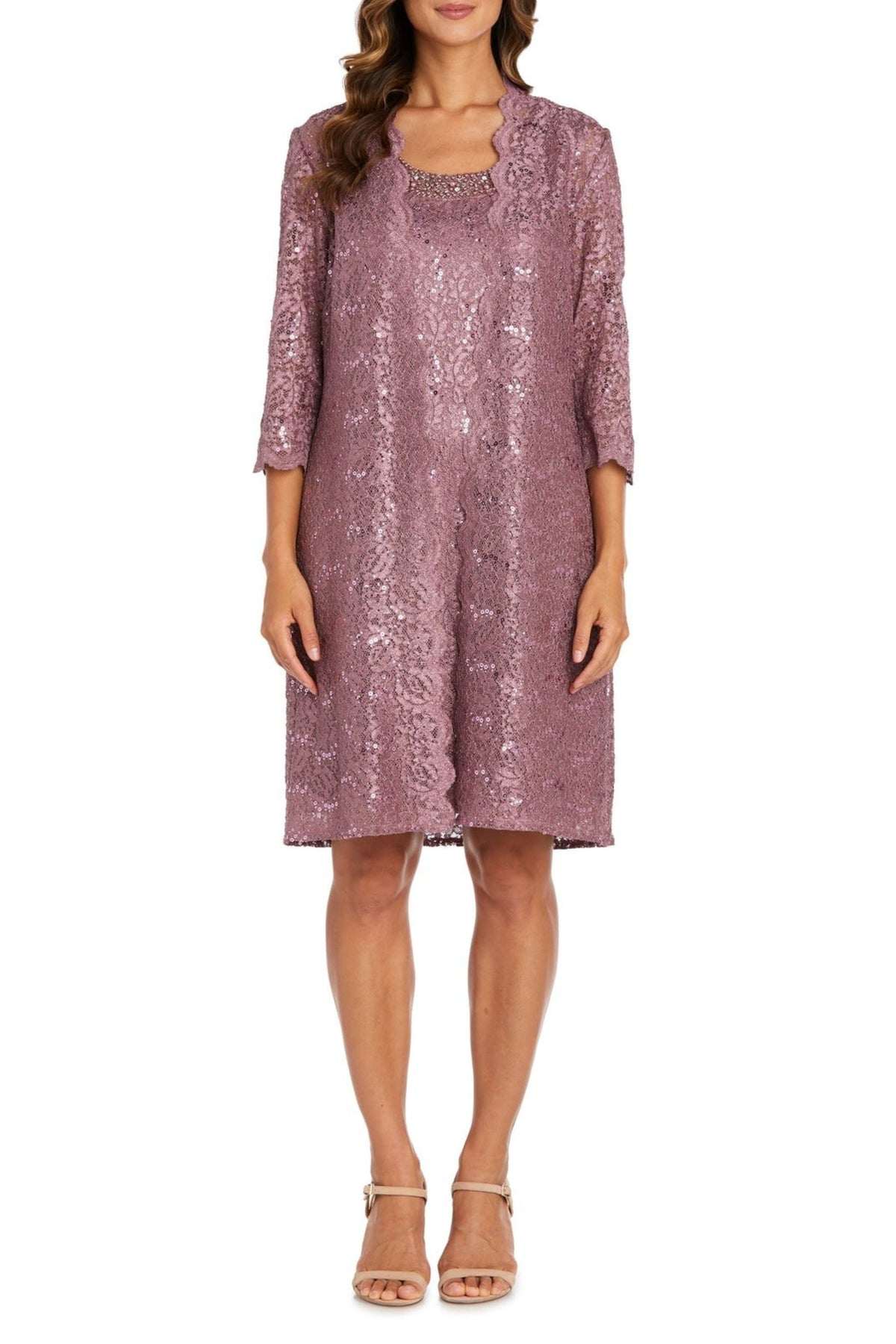 Dark Rose Beaded Neck Formal 2-Pc Jacket Dress with Sleeveless and Scoop Neck by R&M Richards 9101