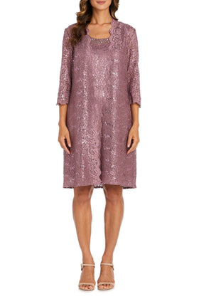 Dark Rose Beaded Neck Formal 2-Pc Jacket Dress with Sleeveless and Scoop Neck by R&M Richards 9101