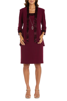 Burgundy 2-Piece Contrast Metallic Jacket Dress with 3/4 Sleeve, Scoop Neck, and Lace Detail by R&M Richards 9205