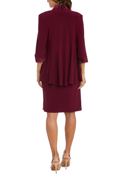 Burgundy 2-Piece Contrast Metallic Jacket Dress with 3/4 Sleeve, Scoop Neck, and Lace Detail by R&M Richards 9205