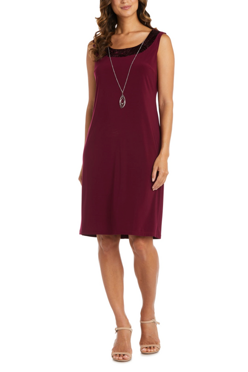 Burgundy 2-Piece Contrast Metallic Jacket Dress with 3/4 Sleeve, Scoop Neck, and Lace Detail by R&M Richards 9205