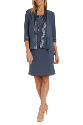 Charcoal 2-Piece Contrast Metallic Jacket Dress with 3/4 Sleeve, Scoop Neck, and Lace Detail by R&M Richards 9205