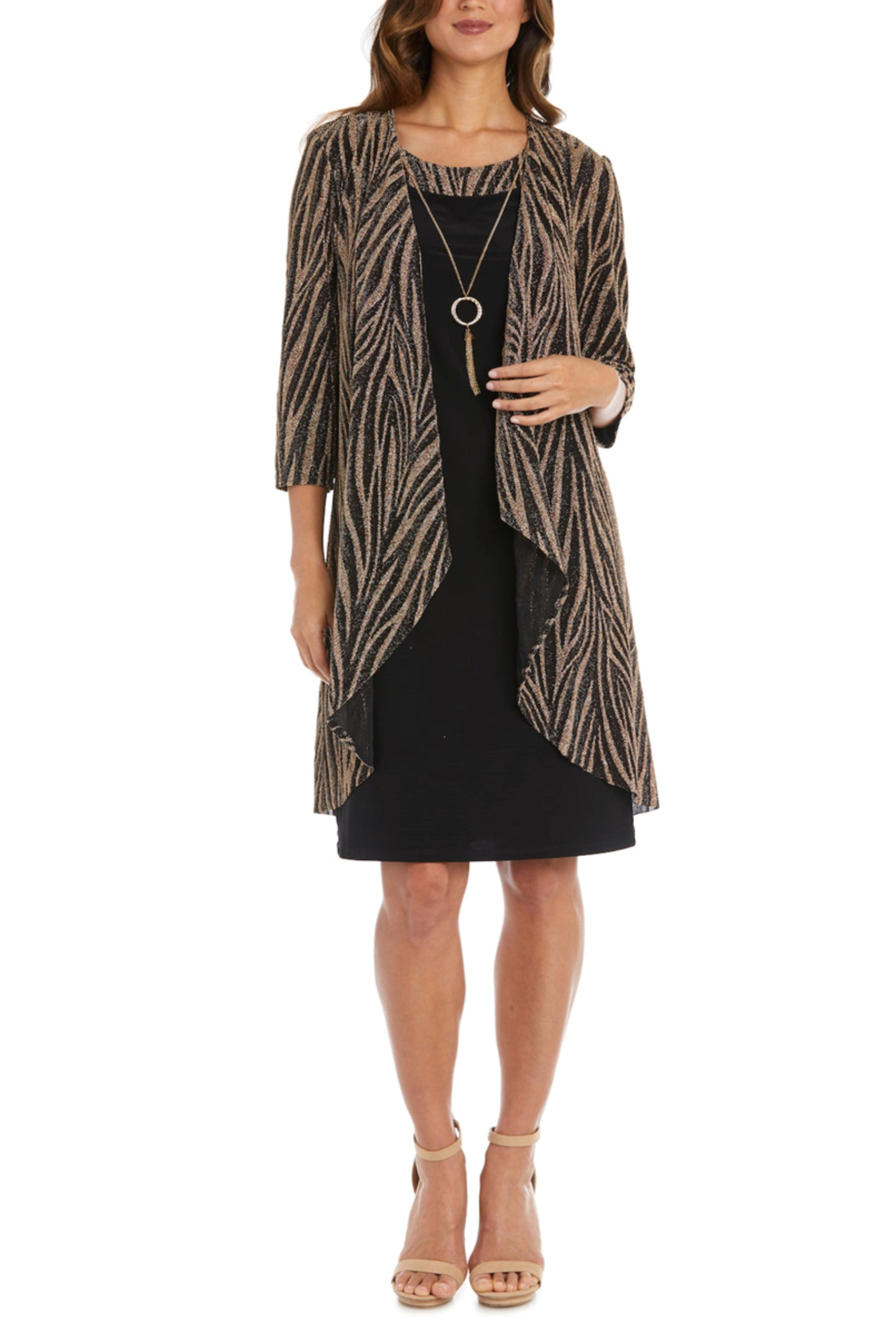 Black Bronze Animal Print Metallic Jacket Dress with 3/4 Sleeve, Scoop Neck, and Lace Detail by R&M Richards 9457