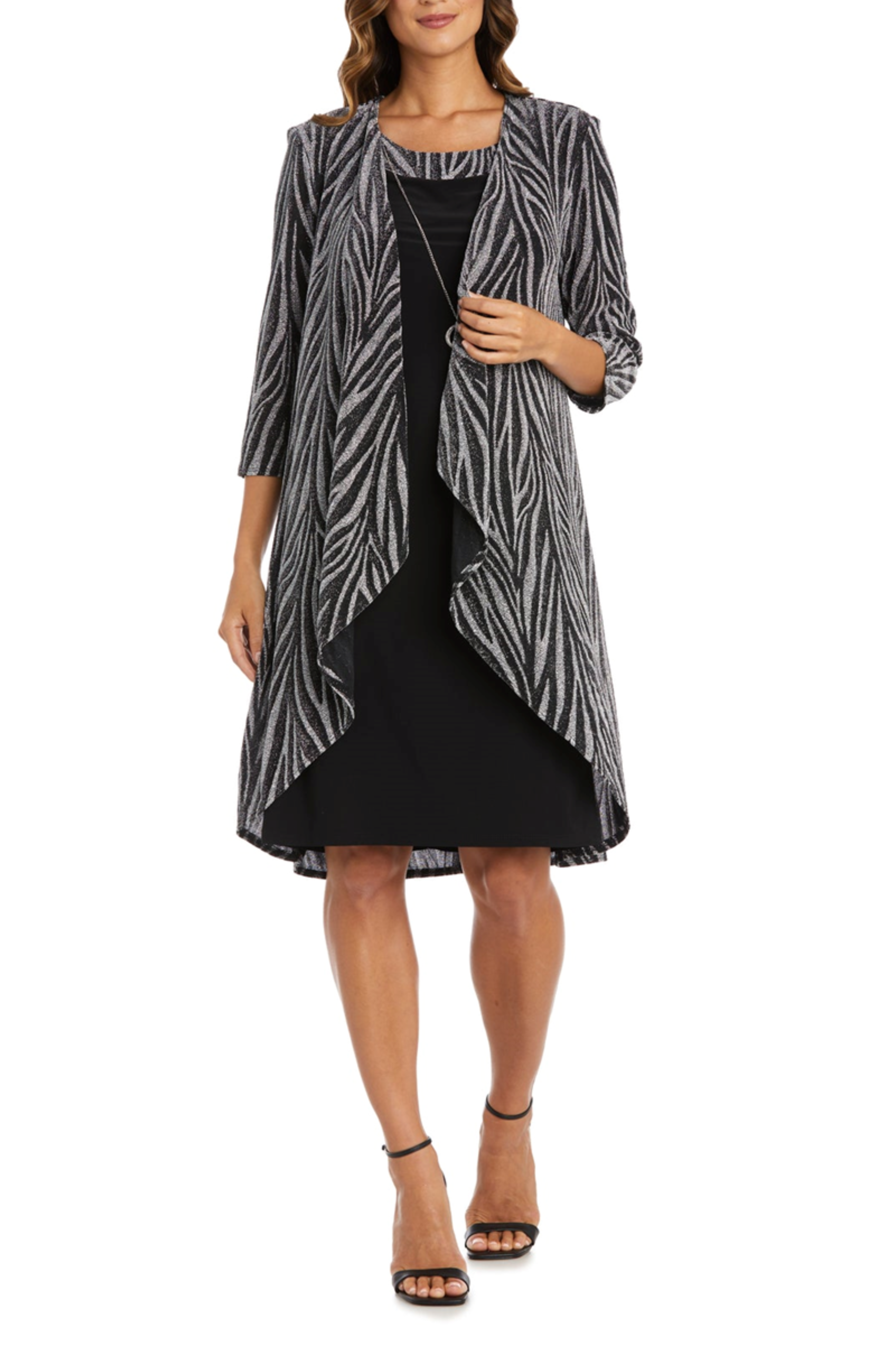 Black Silver Animal Print Metallic Jacket Dress with 3/4 Sleeve, Scoop Neck, and Lace Detail by R&M Richards 9457