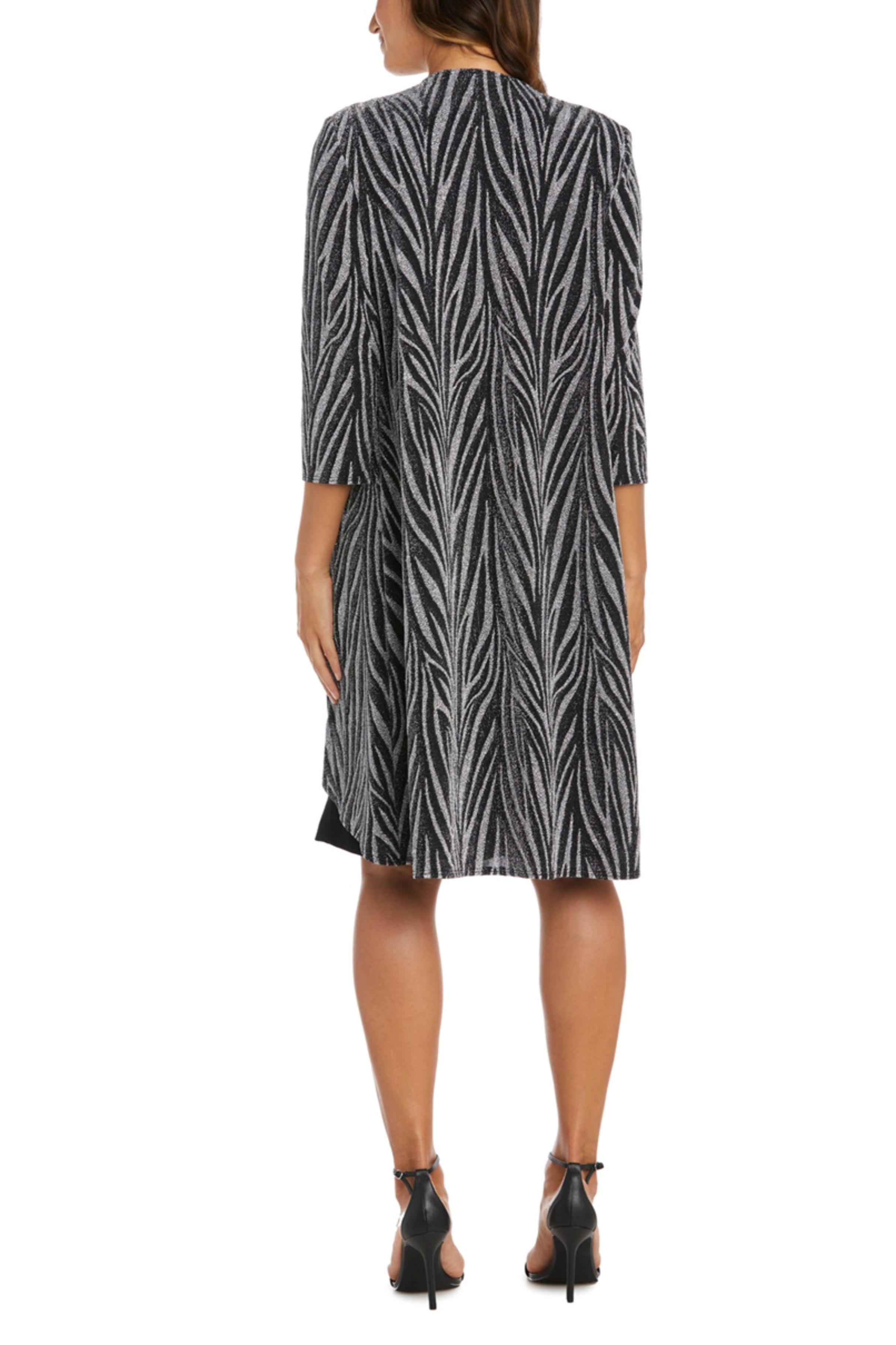 Black Silver Animal Print Metallic Jacket Dress with 3/4 Sleeve, Scoop Neck, and Lace Detail by R&M Richards 9457