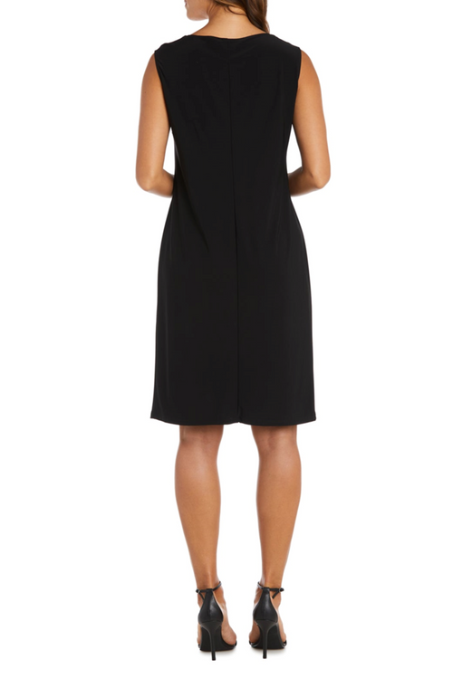Black Silver Animal Print Metallic Jacket Dress with 3/4 Sleeve, Scoop Neck, and Lace Detail by R&M Richards 9457