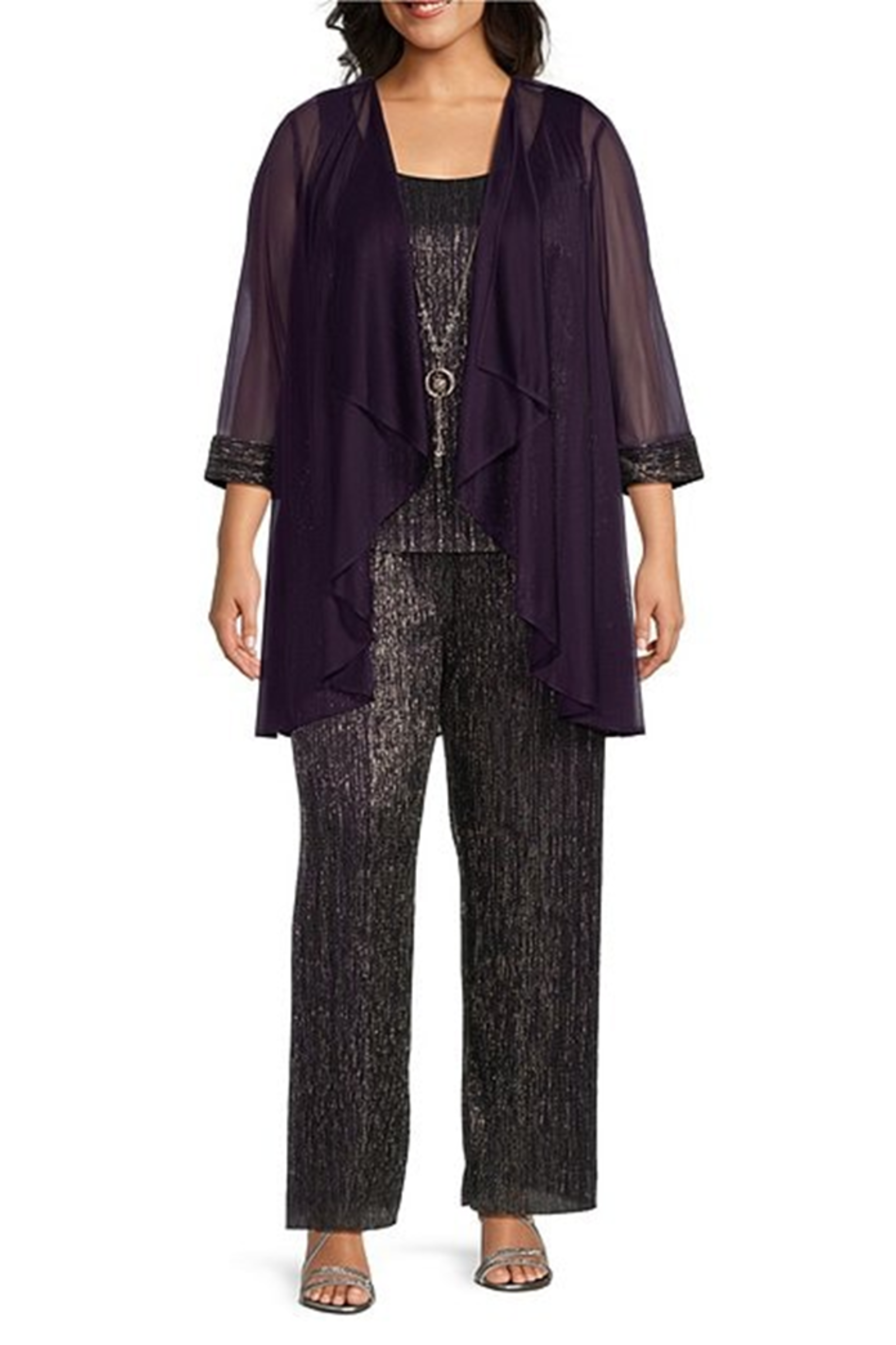 Plum 3-Piece Metallic Evening Pants Suit with Sleeveless, Scoop Neck, and Jacket Dress by R&M Richards 9722