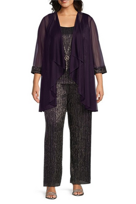 Plum 3-Piece Metallic Evening Pants Suit with Sleeveless, Scoop Neck, and Jacket Dress by R&M Richards 9722