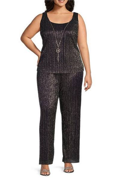 Plum 3-Piece Metallic Evening Pants Suit with Sleeveless, Scoop Neck, and Jacket Dress by R&M Richards 9722