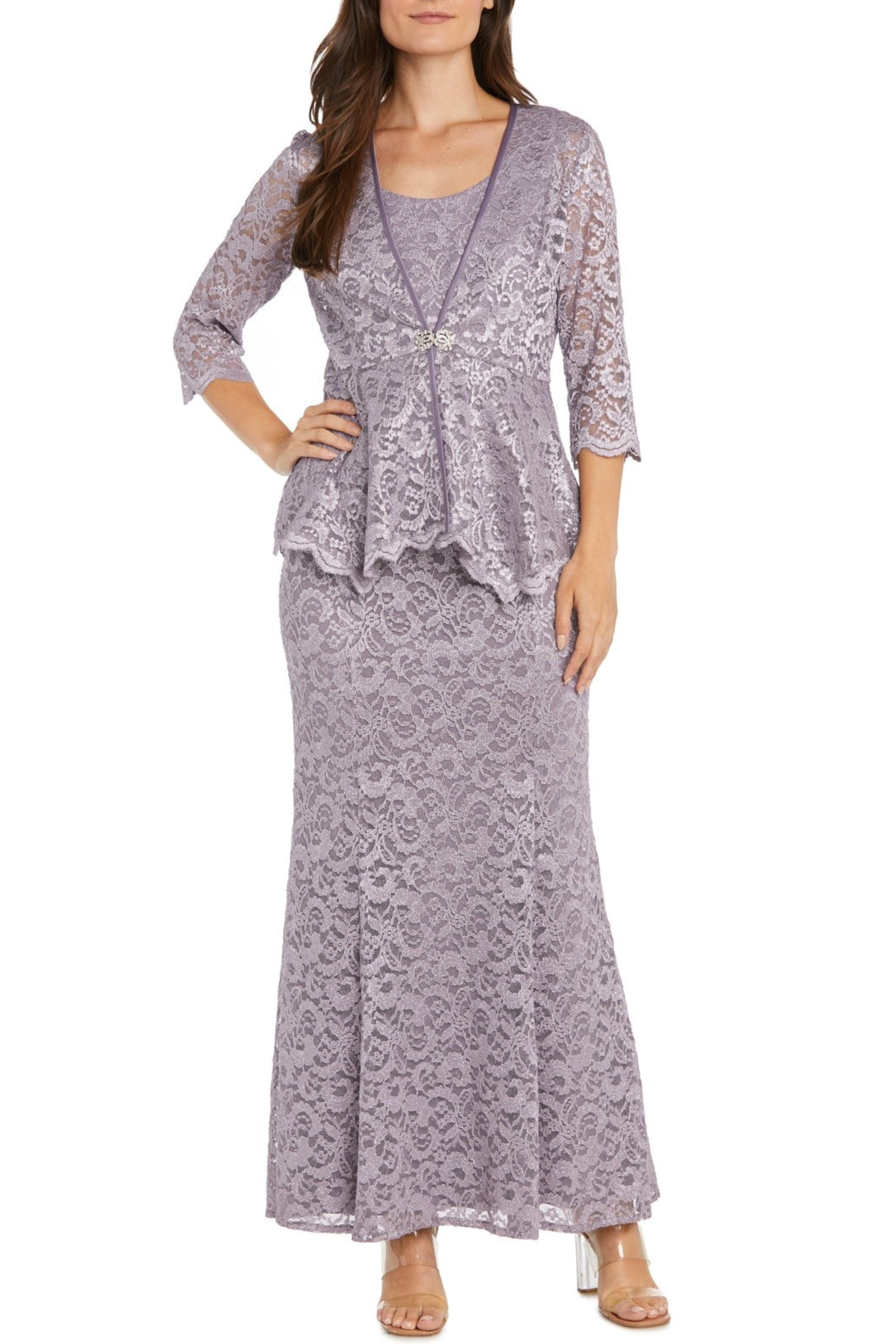 Orchid 2-Pc Metallic Lace Formal Jacket Dress with 3/4 Sleeve, Scoop Neck, and Rhinestone Detail by R&M Richards 1985