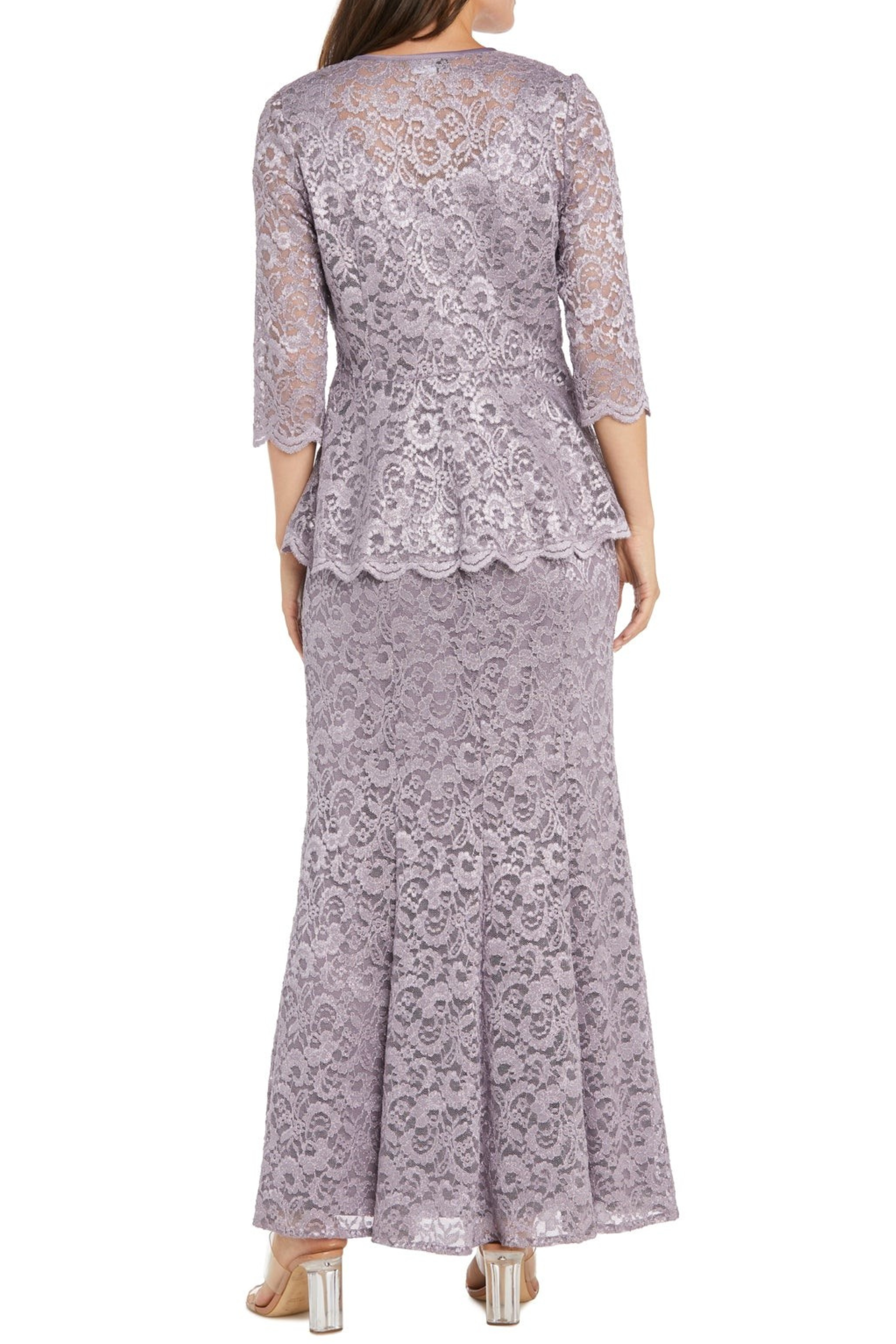 Orchid 2-Pc Metallic Lace Formal Jacket Dress with 3/4 Sleeve, Scoop Neck, and Rhinestone Detail by R&M Richards 1985