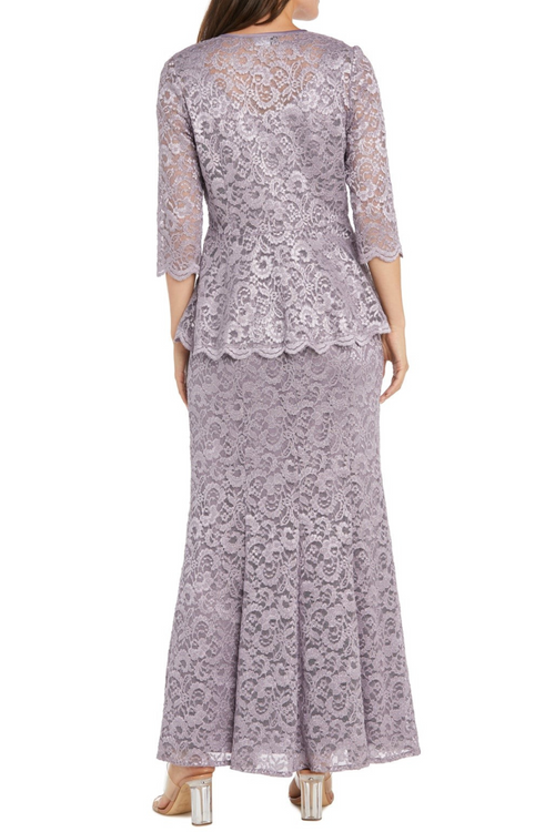 Orchid 2-Pc Metallic Lace Formal Jacket Dress with 3/4 Sleeve, Scoop Neck, and Rhinestone Detail by R&M Richards 1985