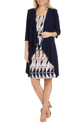 Navy Taupe 3/4 Sleeve Geo-Print Jacket Dress Set with Scoop Neck and Lace Detail by R&M Richards 1027