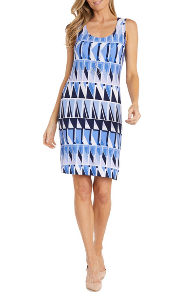 Periwinkle Navy 3/4 Sleeve Geo-Print Jacket Dress Set with Scoop Neck and Lace Detail by R&M Richards 1027