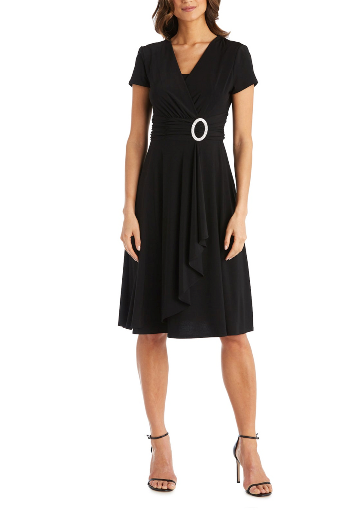 Black Short Sleeve Ruched Waist A-Line Dress with Rhinestone Detail and Jersey by R&M Richards 1149
