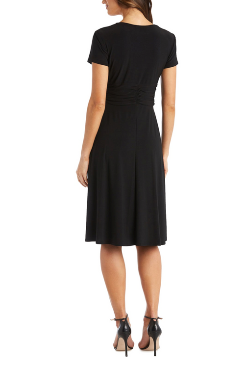 Black Short Sleeve Ruched Waist A-Line Dress with Rhinestone Detail and Jersey by R&M Richards 1149