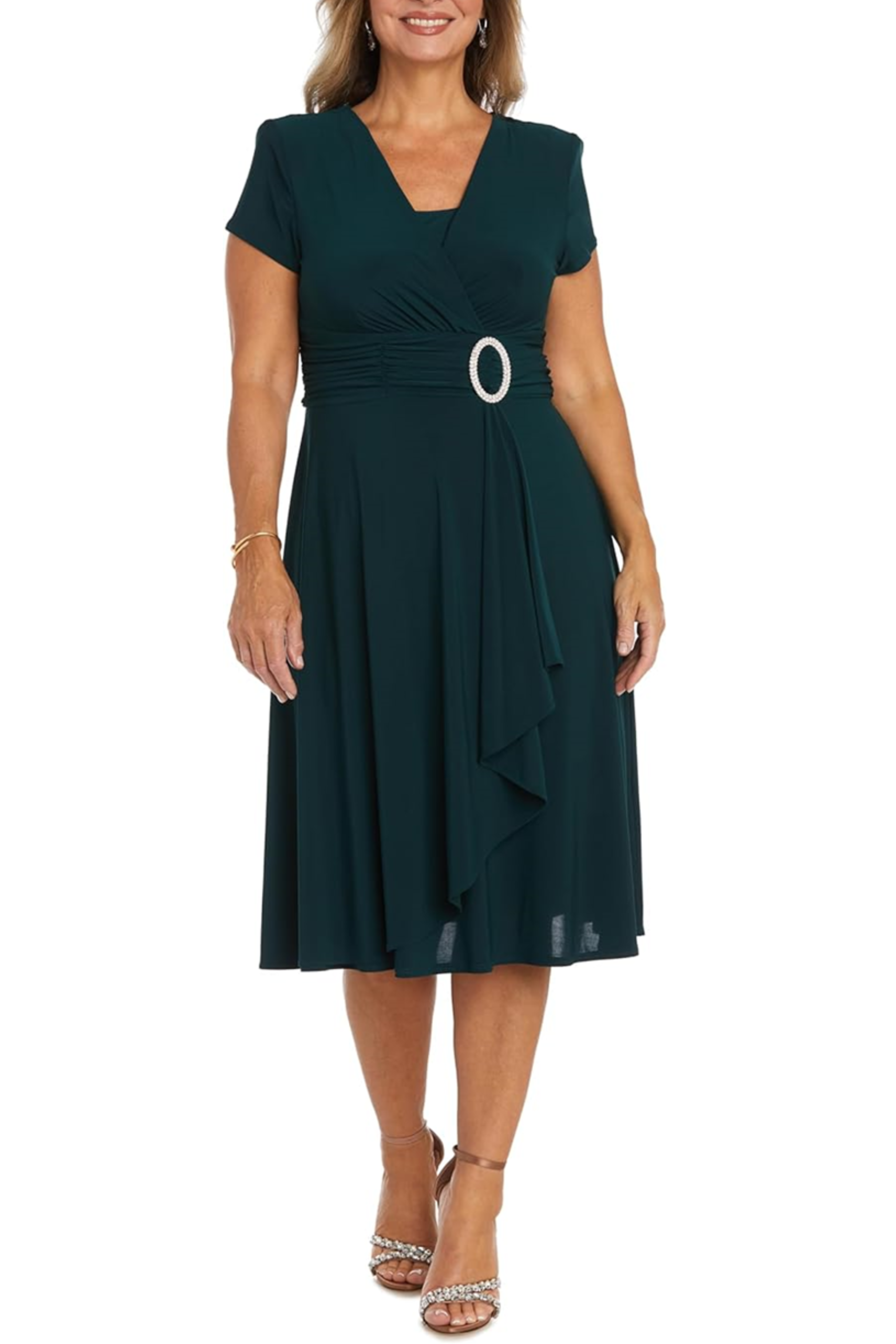 Hunter Short Sleeve Ruched Waist A-Line Dress with Rhinestone Detail and Jersey by R&M Richards 1149