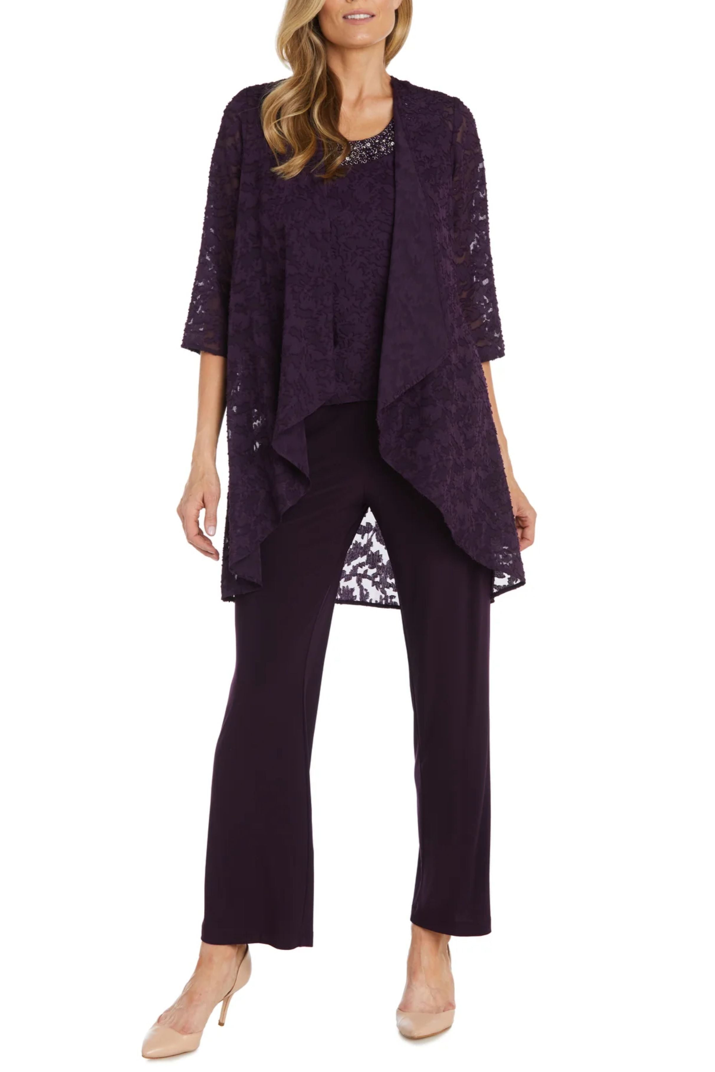 Eggplant Beaded Burnout Chiffon 3-Piece Set with 3/4 Sleeve, Round Neck, and Pant Set by R&M Richards 1216